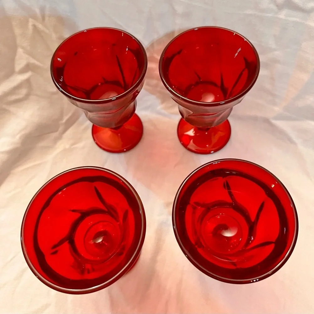 VTG Fostoria Jamestown Ruby Red Champagne Tall Sherbet Glasses Set of 4 Swirl